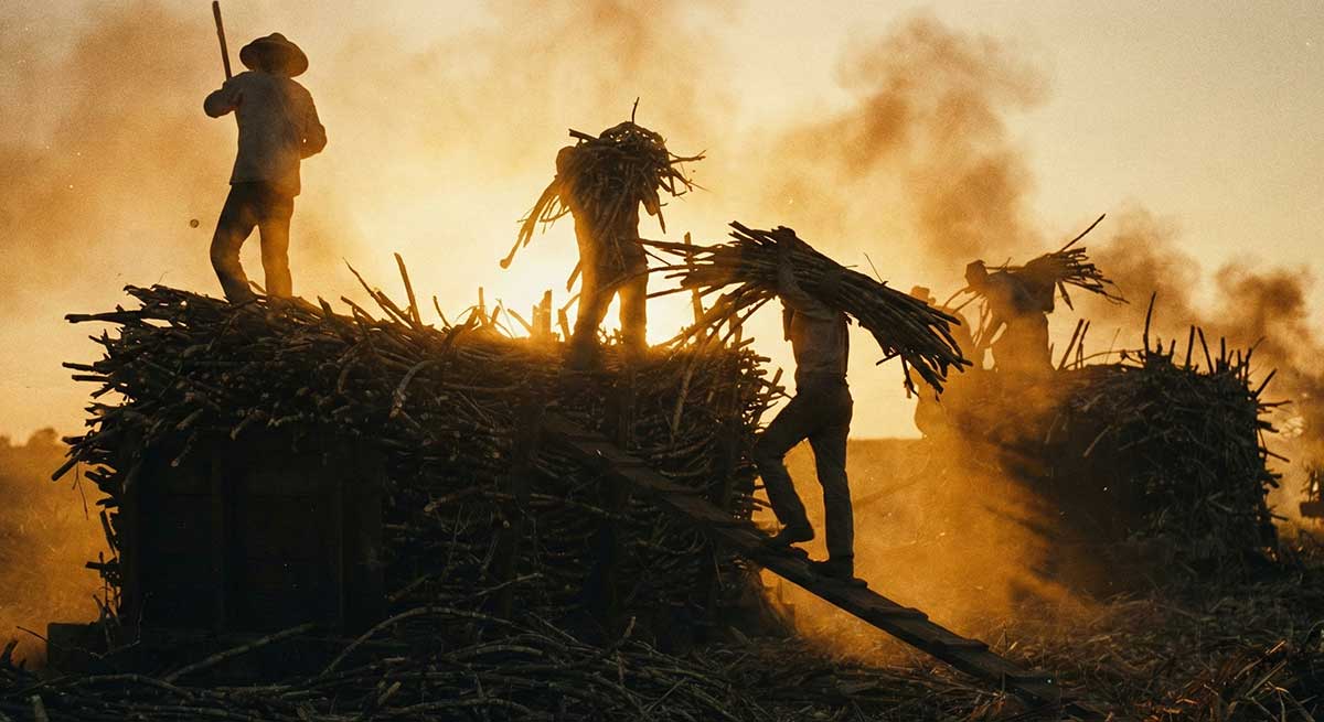 Early plantation workers harvesting sugarcane by hand.