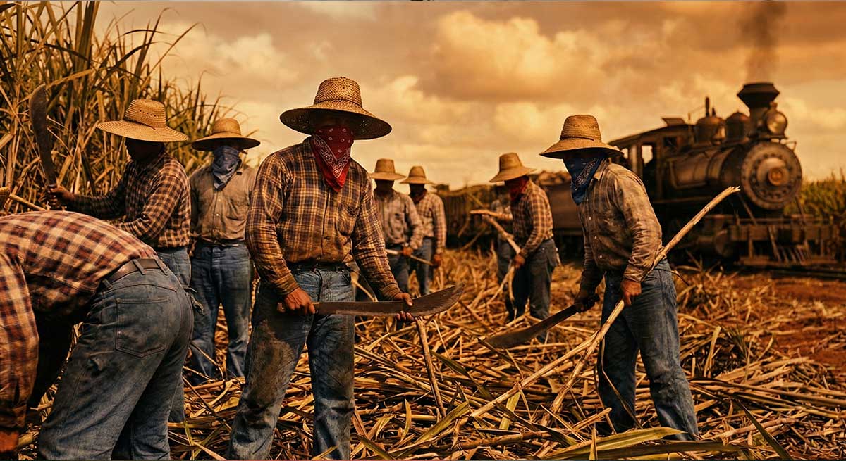Early plantation workers harvesting sugarcane.