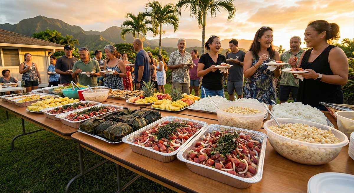 The full Hawaiian potluck spread.