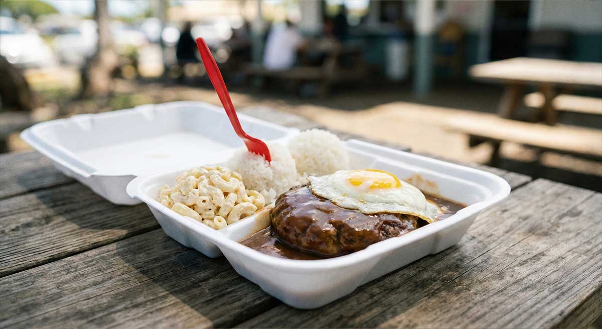 Hawaiian plate lunch. Two scoop rice, mac salad, loco moco.